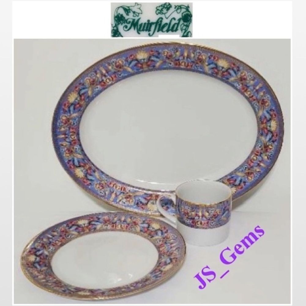 Vintage 90s Muirfield China Dishes Porcelain French Blue Floral 3 Piece Set Home